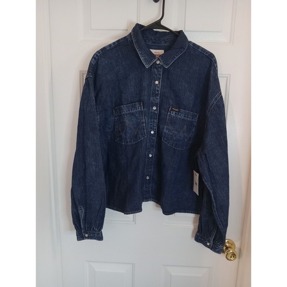 Wrangler Blue Denim Cropped Western Women's Pearl Snaps Button Up Jacket Size XL - Picture 2 of 16